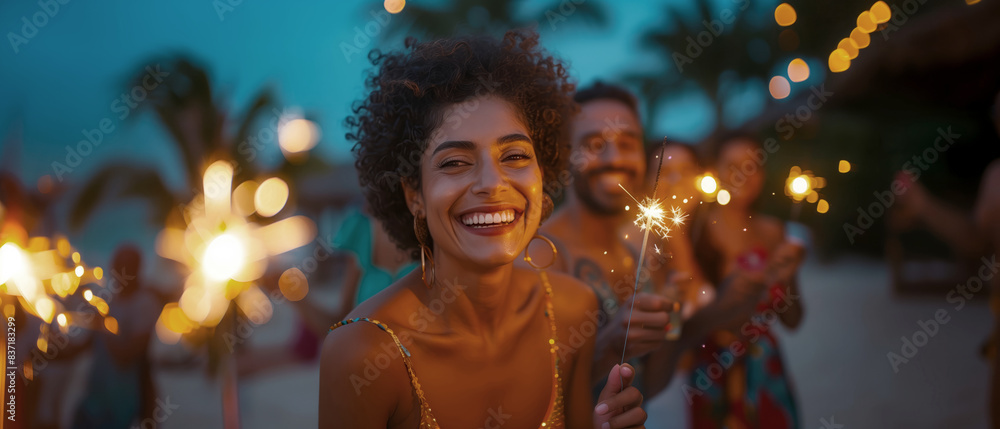 A group of diverse people holding sparklers and laughing together at a backyard 4th of July party A group of diverse people holding sparklers and laughing together at a backyard 4th of July party