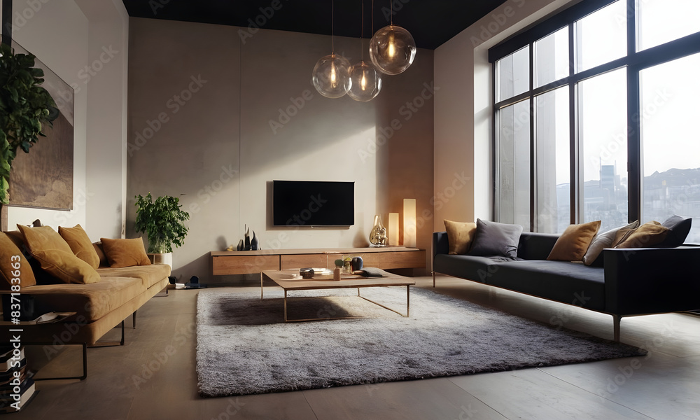 Modern living room with comfortable sofas, wooden accents, and floor-to-ceiling windows offering stunning urban views at twilight Modern living room with comfortable sofas, wooden accents, and floor-to-ceiling windows offering stunning urban views at twilight