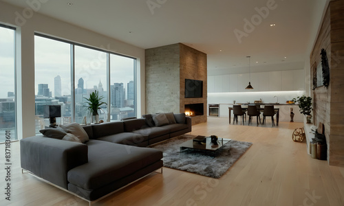 Contemporary living room with panoramic city views and minimalist, luxurious interior design