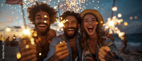 A group of diverse friends laughing and cheering, holding sparklers against a sunset on 4th of July photo