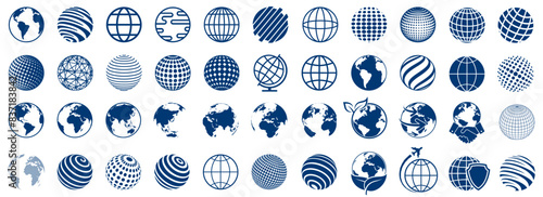 World icon flat set, Earth icons, set Earth globe hemispheres with continents, globes with world maps