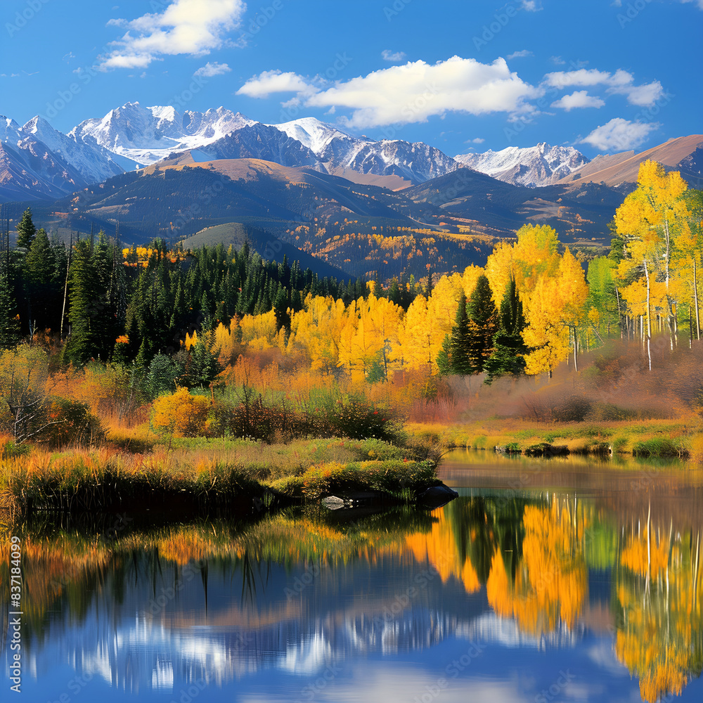 Vibrant fall colors blanket the landscape with the majestic rocky mountains as a backdrop Vibrant fall colors blanket the landscape with the majestic rocky mountains as a backdrop