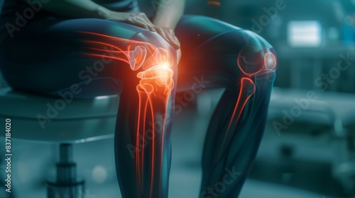 a person experiencing knee pain, overlaid with a red hologram and joint diagram photo