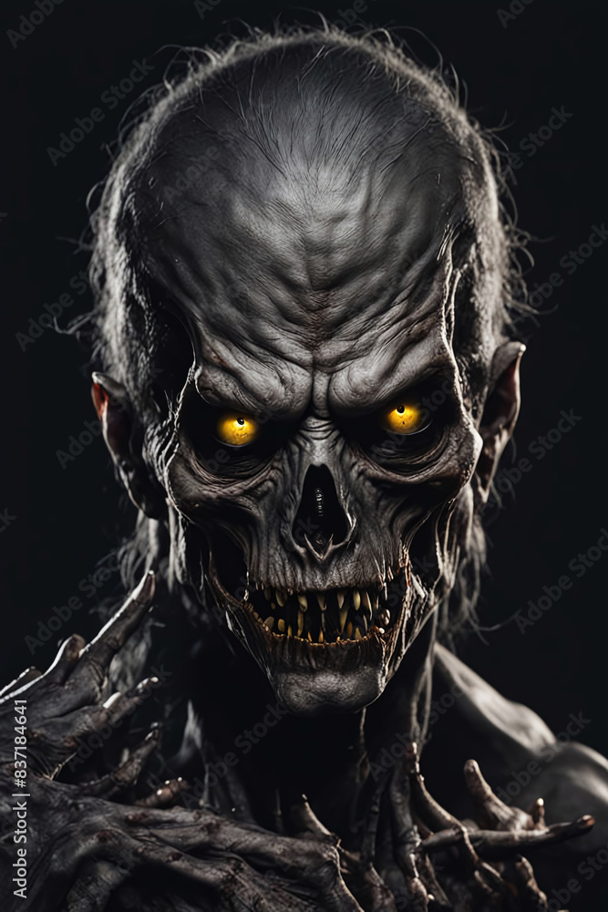 A scary looking zombie with yellow eyes, standing straight, postured in the center of the image against a black backdrop. blurred backdrop, halloween style, A scary looking zombie with yellow eyes, standing straight, postured in the center of the image against a black backdrop. blurred backdrop, halloween style,