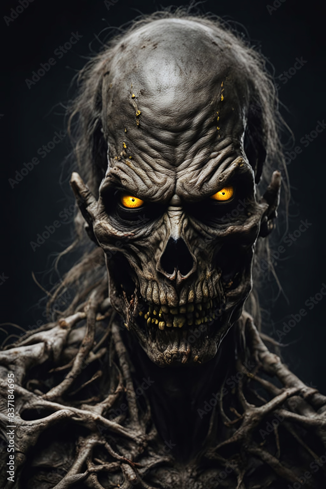 A scary looking zombie with yellow eyes, standing straight, postured in the center of the image against a black backdrop. blurred backdrop, halloween style, A scary looking zombie with yellow eyes, standing straight, postured in the center of the image against a black backdrop. blurred backdrop, halloween style,