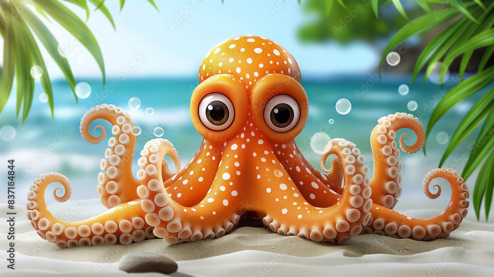 Fototapeta premium Illustration of cute surprised orange with white dots baby octopus on among palm green leaves on beach background. Summer time. Selective focus. 