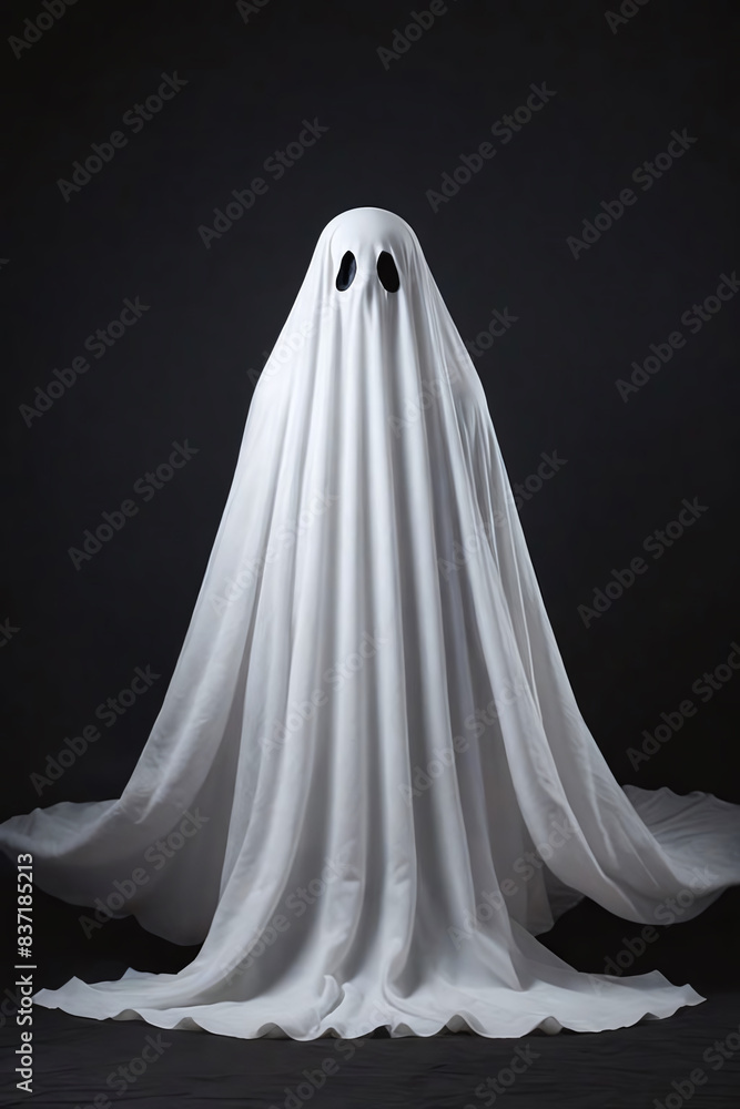 A White ghost with big black eyes, standing straight, postured in the center of the image against a black backdrop. blurred backdrop, halloween style, A White ghost with big black eyes, standing straight, postured in the center of the image against a black backdrop. blurred backdrop, halloween style,