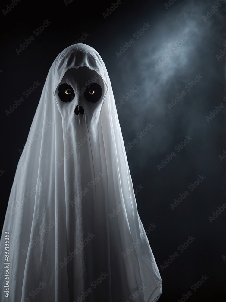 A White ghost with big black eyes, standing straight on a black backdrop. blurred backdrop, halloween style, A White ghost with big black eyes, standing straight on a black backdrop. blurred backdrop, halloween style,