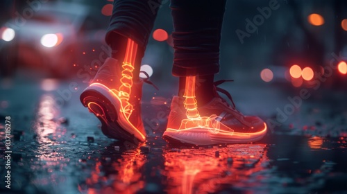 a person experiencing ankle pain, overlaid with a red hologram and joint diagram photo