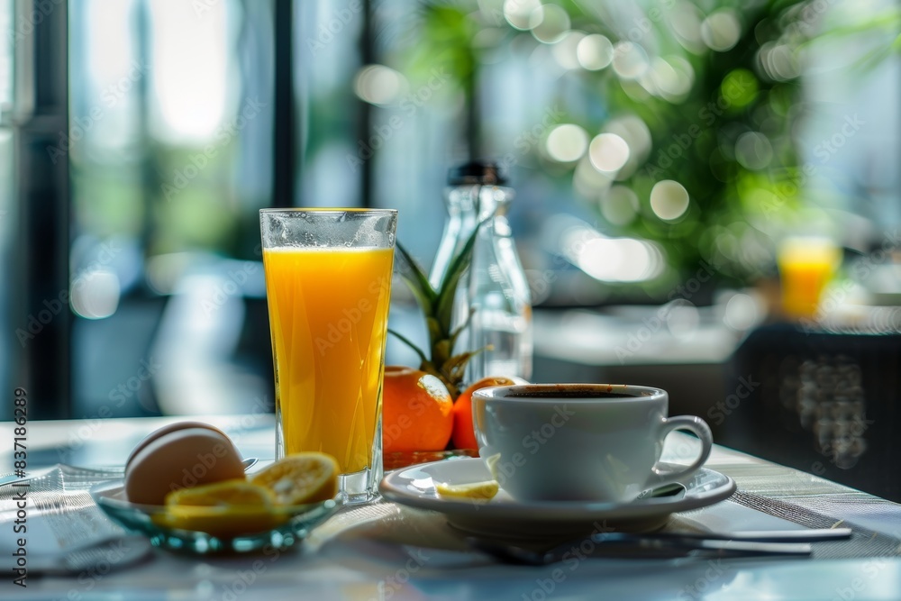 Morning breakfast setting with coffee, orange juice, and eggs in hotel restaurant Morning breakfast setting with coffee, orange juice, and eggs in hotel restaurant