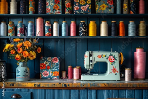 Vintage sewing machine with colorful threads and floral decor in sewing room