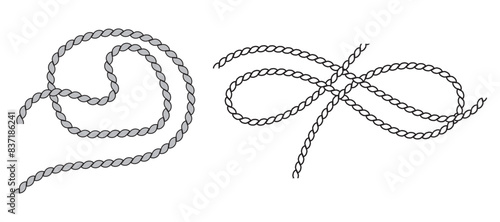 Straight and wavy rope, black monochrome silhouette and outline. Flat vector illustration isolated on white background. photo