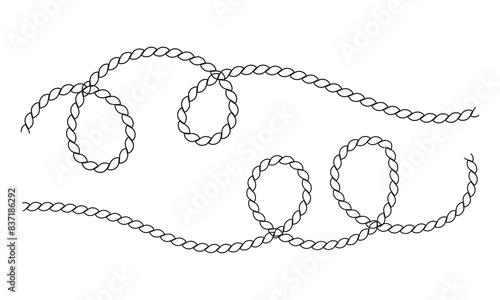 Repeating rope set. Seamless hemp cord line collection. Outline chain, braid, plait stripe bundle. Horizontal decorative plait pattern. Vector marine twine design elements for banner, poster, frame
