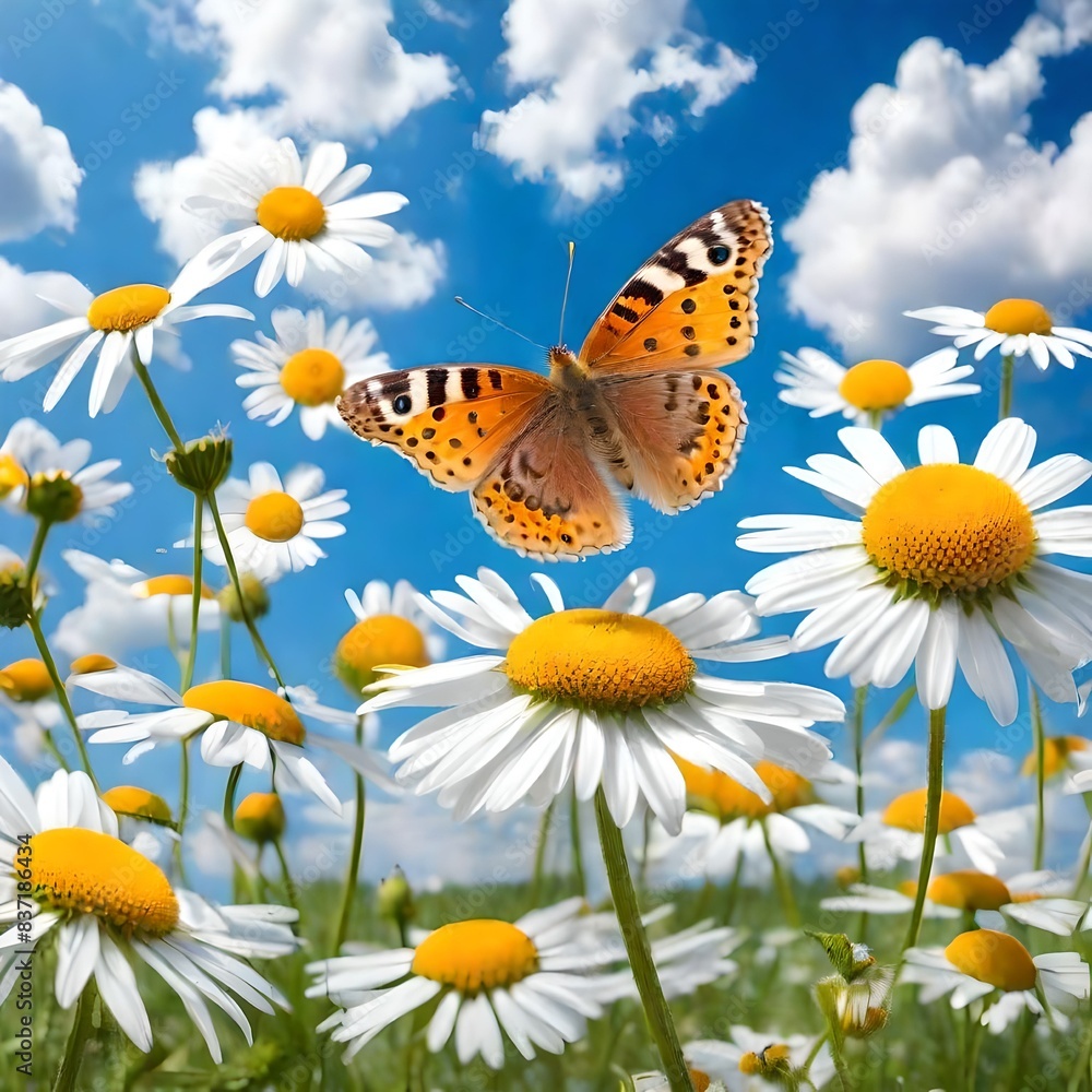 A beautiful spring-summer landscape featuring a close-up of meadow flowers and chamomile with a butterfly against a blue sky with clouds. A beautiful spring-summer landscape featuring a close-up of meadow flowers and chamomile with a butterfly against a blue sky with clouds.
