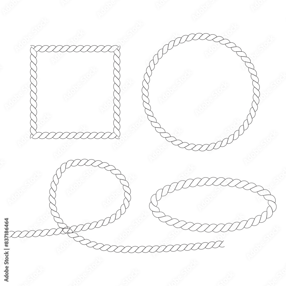 Straight and wavy rope, black monochrome silhouette and outline. Flat vector illustration isolated on white background. Straight and wavy rope, black monochrome silhouette and outline. Flat vector illustration isolated on white background.