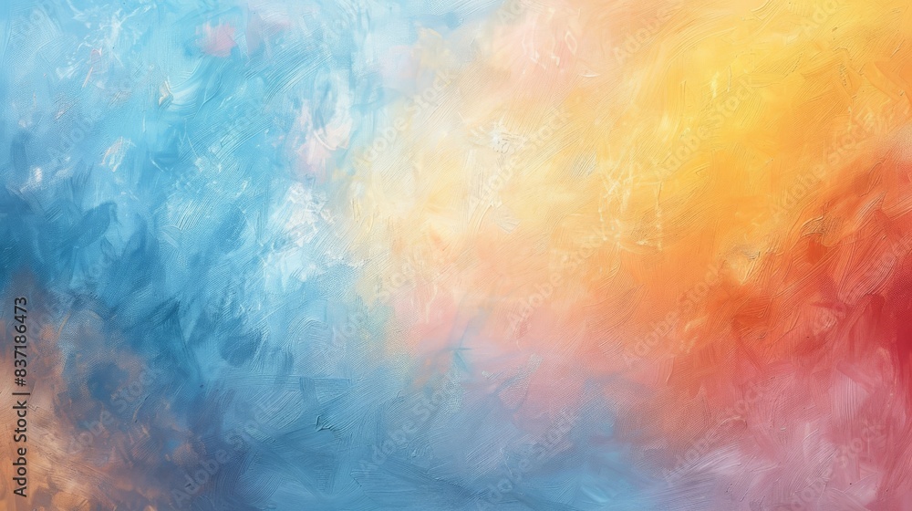 Abstract painting with vibrant colors blending together, creating a soothing gradient from blue to yellow and red, evoking feelings of calm and creativity. Concept of art, expression, and inspiration. Abstract painting with vibrant colors blending together, creating a soothing gradient from blue to yellow and red, evoking feelings of calm and creativity. Concept of art, expression, and inspiration.