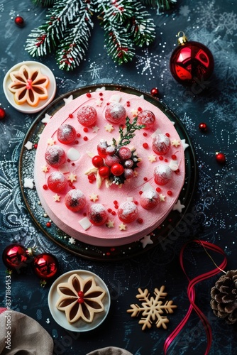 Festive Christmas Cake with Ornaments, Pinecones, and Holiday Decorations on Dark Background