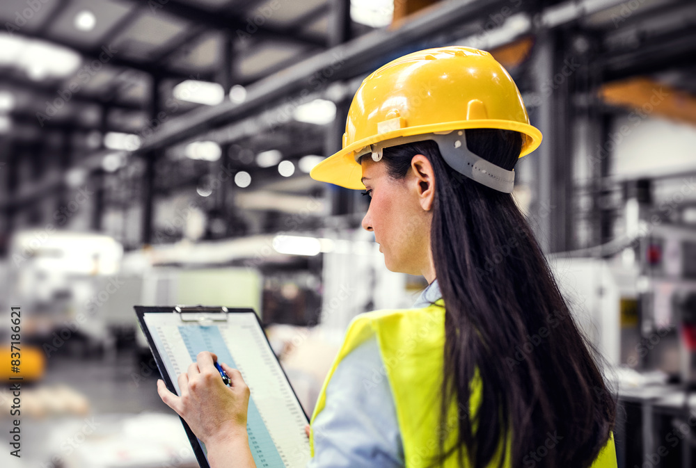 Female project manager standing in modern industrial factory. Manufacturing facility with robotics, robotic arms and automation. Storing products and materials in warehouse. Female project manager standing in modern industrial factory. Manufacturing facility with robotics, robotic arms and automation. Storing products and materials in warehouse.