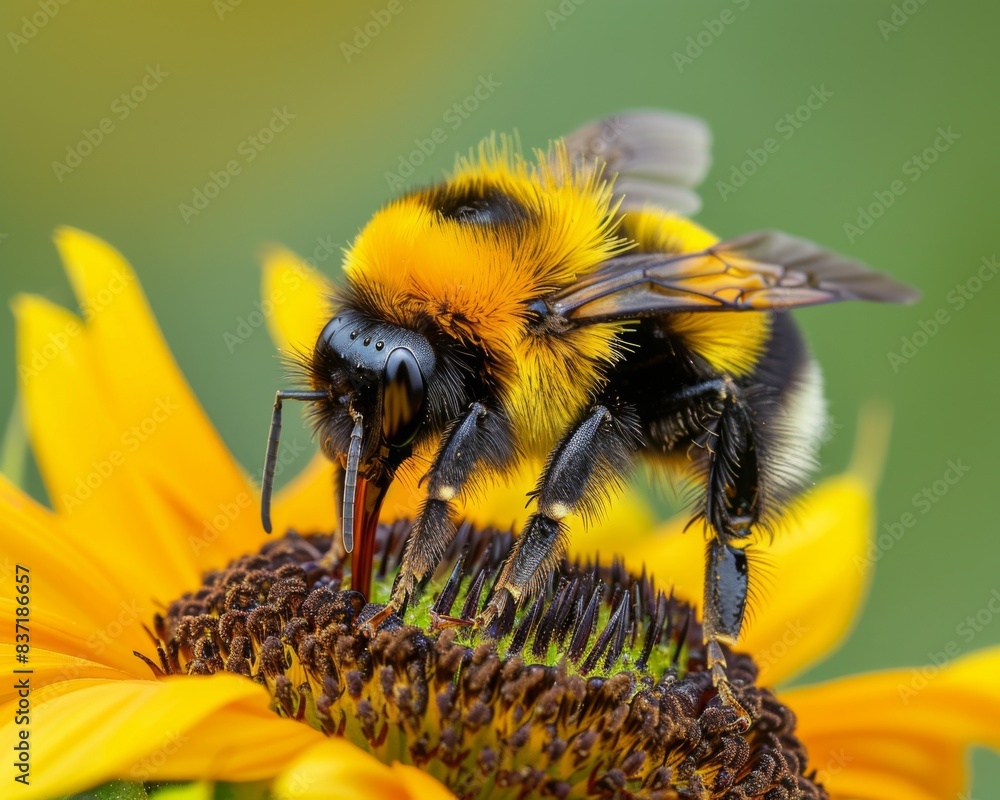 Close-up of a bumblebee on a sunflower, the fuzzy body and wings covered in pollen, set against a blurred background Close-up of a bumblebee on a sunflower, the fuzzy body and wings covered in pollen, set against a blurred background