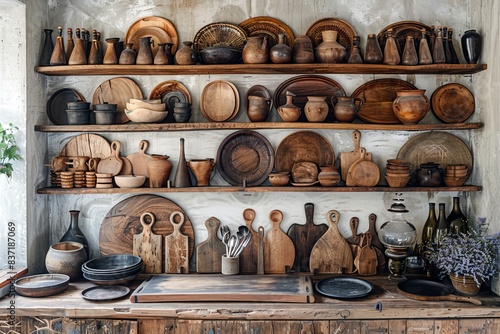 Rustic kitchen shelves with wooden bowls, cutting boards, and pottery photo