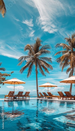Fototapeta Naklejka Na Ścianę i Meble -  Luxury beach resort hotel swimming pool, leisure beach chairs and palm trees under blue sunny sky