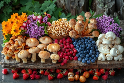 Fototapeta Naklejka Na Ścianę i Meble -  Assortment of fresh mushrooms, berries, and flowers on a rustic table