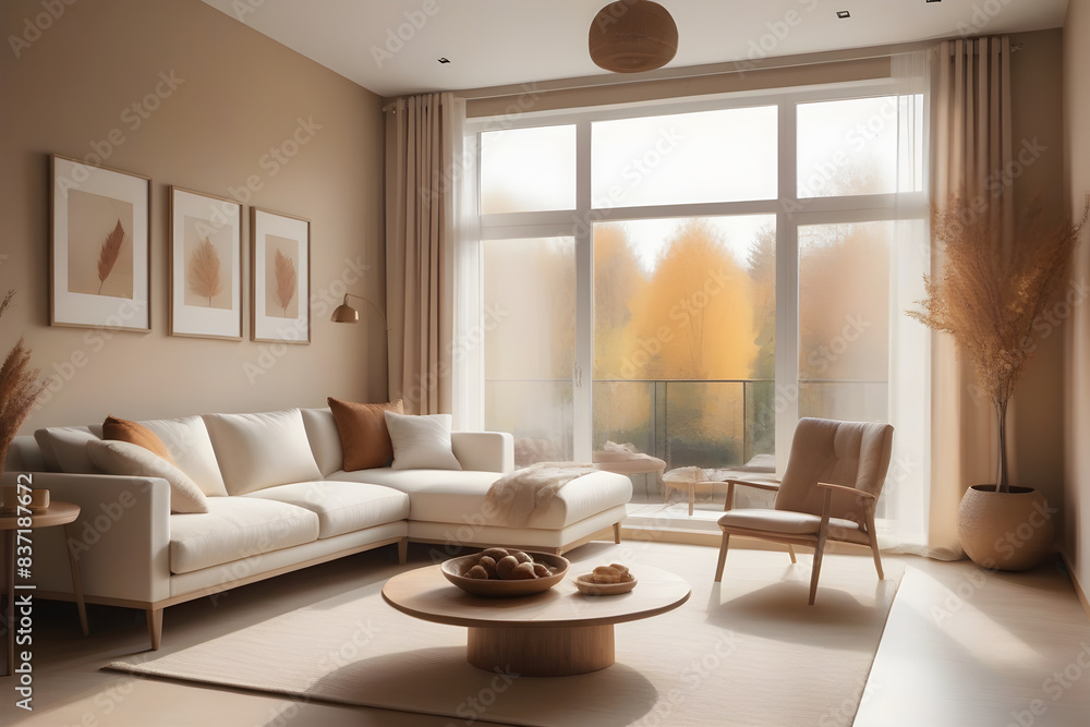 Inviting modern living room with a cozy couch, stylish decor, and a stunning autumn tree view from the window Inviting modern living room with a cozy couch, stylish decor, and a stunning autumn tree view from the window
