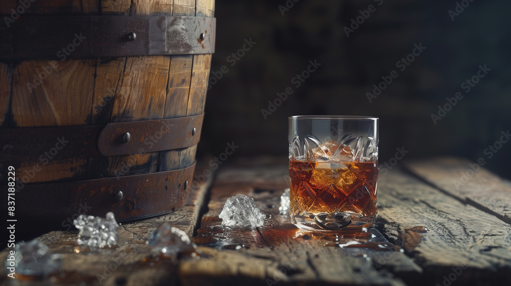 Rustic Whiskey Barrel and Glass with Ice on Wooden Table