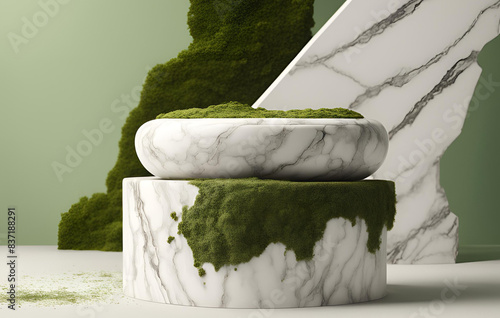 The Ethereal Blend Unveiling the EcoBeauty Symphony through a Marble Podium and Moss on a White Ca, Flat lay of growing plants
 photo