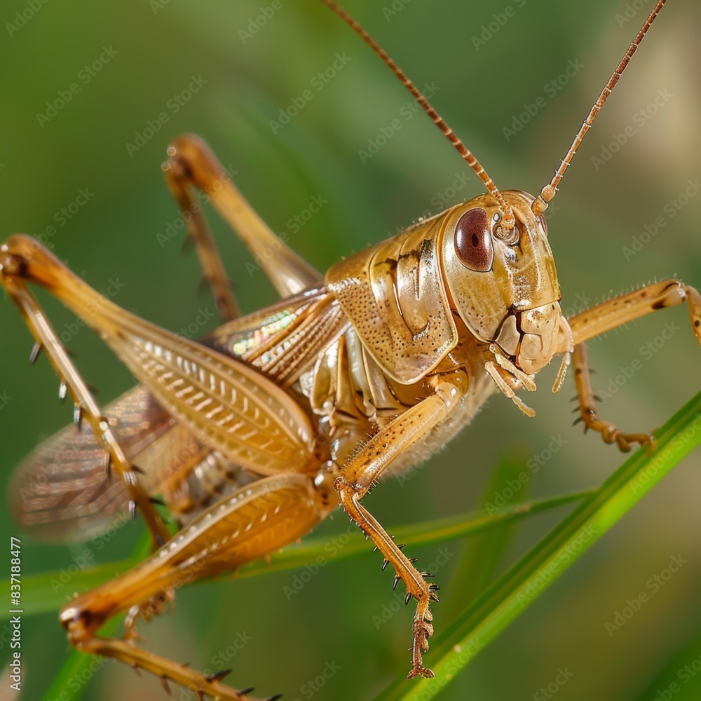 Extreme close-up of a cricket's body and legs, the texture clearly visible, set against a blurred meadow background Extreme close-up of a cricket's body and legs, the texture clearly visible, set against a blurred meadow background