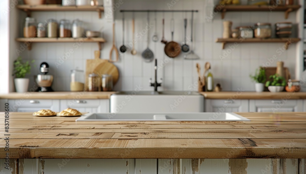 Blurred kitchen interior with a white sink and wooden countertop, vintage farmhouse style. In the foreground there is an empty plate of pastries on one side of the counter top Blurred kitchen interior with a white sink and wooden countertop, vintage farmhouse style. In the foreground there is an empty plate of pastries on one side of the counter top