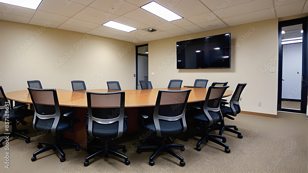 Empty conference room with a large table, office chairs, and a flat-screen tv for presentations and corporate meetings Empty conference room with a large table, office chairs, and a flat-screen tv for presentations and corporate meetings