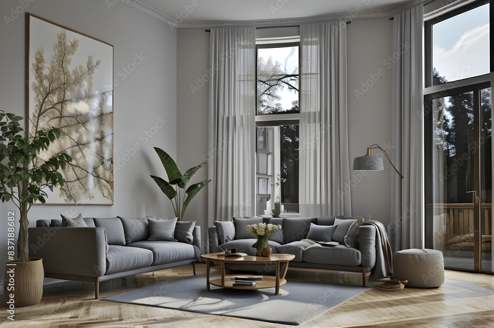 Fototapeta premium Modern and elegant living space with a cozy grey couch, stylish furnishings, abundant natural light, and expansive window views