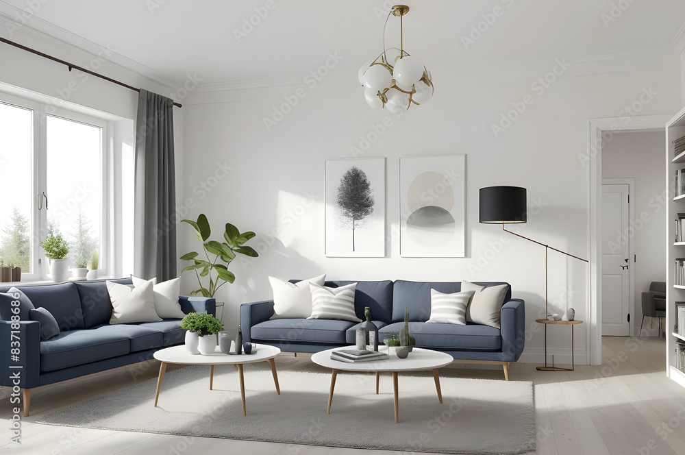 Fototapeta premium Contemporary living room with grey walls, navy blue sofas, minimalist decor, and a warm, inviting atmosphere in natural light