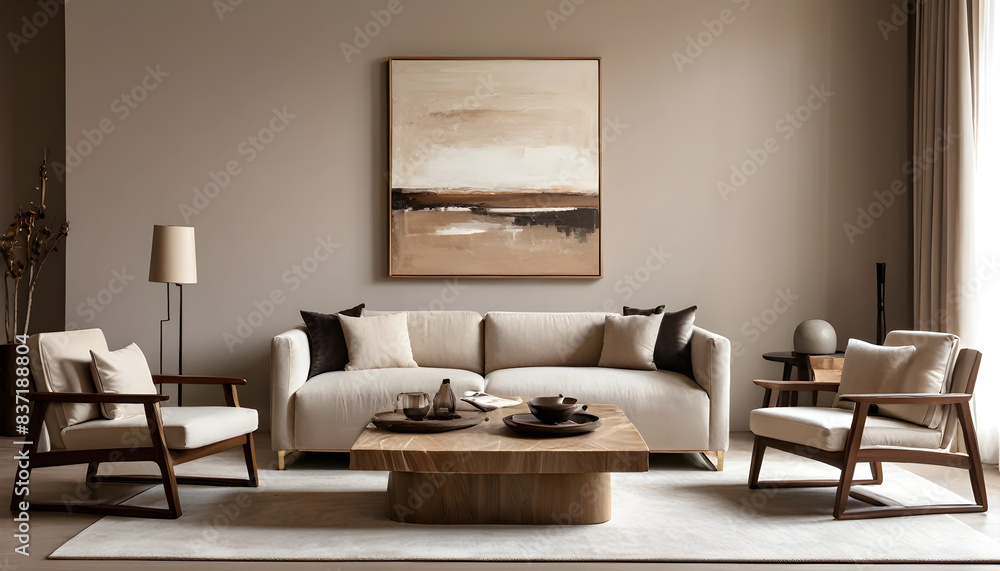 Create a chic living room with a neutral color scheme, including a cozy sofa, wooden furnishings, and contemporary wall decor Create a chic living room with a neutral color scheme, including a cozy sofa, wooden furnishings, and contemporary wall decor