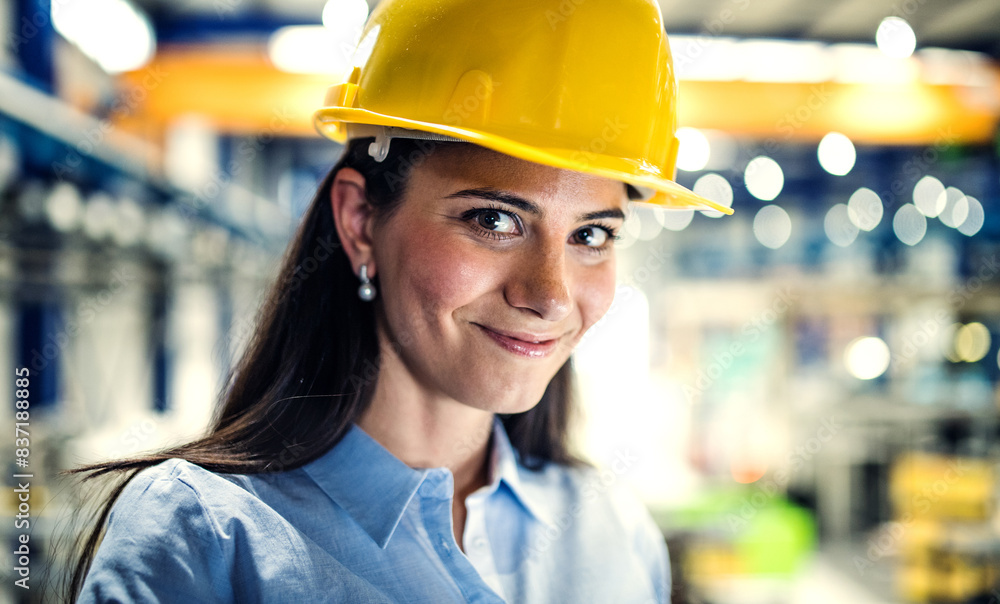 Female project manager standing in modern industrial factory. Manufacturing facility with robotics, robotic arms and automation. Storing products and materials in warehouse. Female project manager standing in modern industrial factory. Manufacturing facility with robotics, robotic arms and automation. Storing products and materials in warehouse.