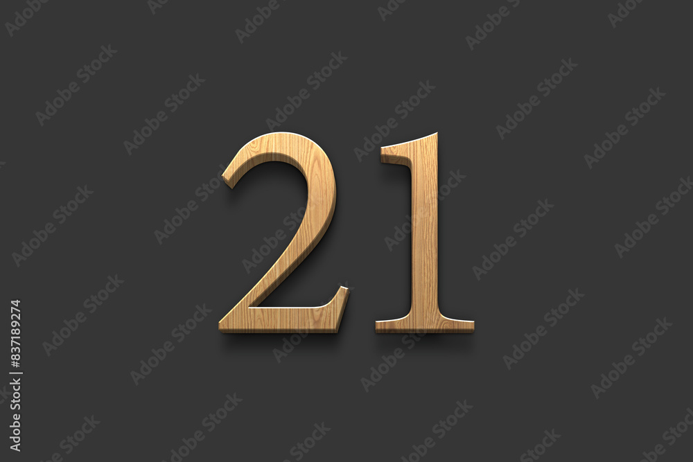 3D wooden logo of number 21 on dark grey background. 3D wooden logo of number 21 on dark grey background.