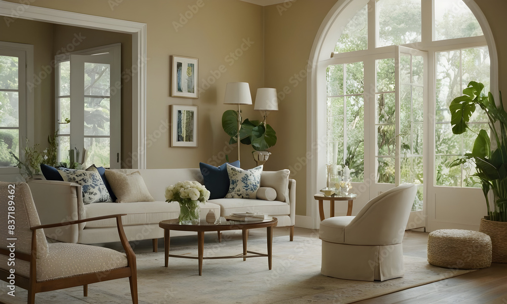 Elegant yet inviting living space with abundant natural light, featuring chic furnishings and a soothing, neutral color scheme Elegant yet inviting living space with abundant natural light, featuring chic furnishings and a soothing, neutral color scheme