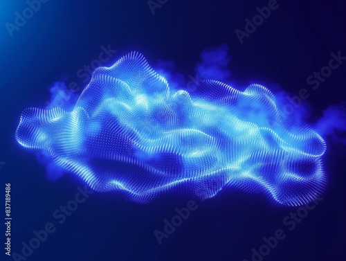 A glowing blue digital cloud composed of numerous small dots, set against a dark background, creating a futuristic and ethereal effect.