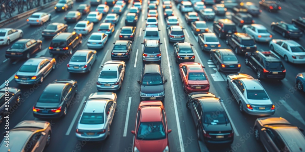 Obraz premium Aerial image of Cars in heavy jams traffic in the center of the highway, abstract image blurry background
