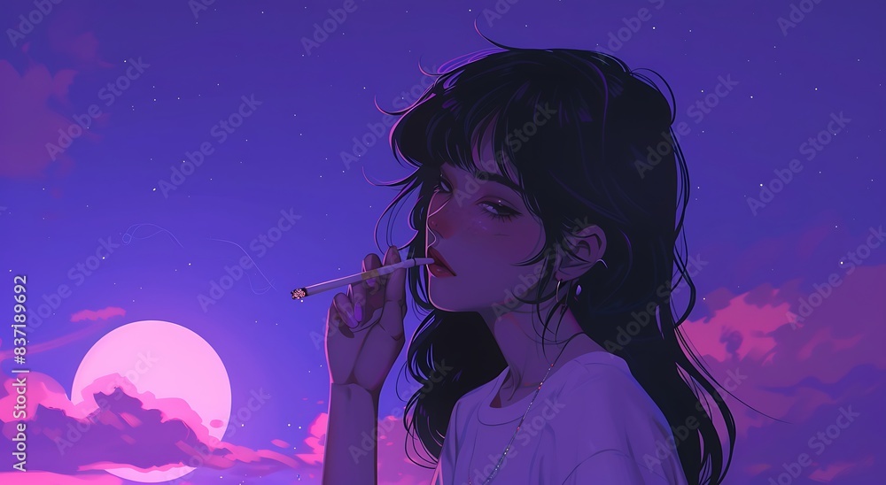 A beautiful anime lofi girl with short black hair smoking a cigarette at night under a purple sky, in an aesthetic style.