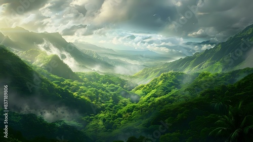 a lush  green mountainous landscape under a dramatic sky. The dense foliage and foggy valleys create a mystical atmosphere