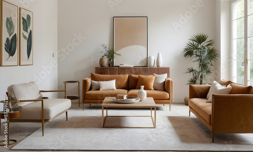 Modern living room with cozy furnishings, neutral colors, greenery, and elegant artwork against a sleek and uncluttered backdrop