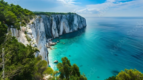 a scenic coastal landscape with a large white cliff that overlooks a turquoise sea