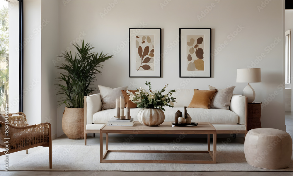 Cozy and stylish living room featuring a white sofa, decorative pillows, potted plant, art frames, and earth-toned accessories Cozy and stylish living room featuring a white sofa, decorative pillows, potted plant, art frames, and earth-toned accessories