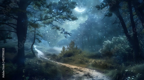 a serene forest at night  with a path winding through the trees. The sky is filled with stars  and a full moon casts a soft glow on the scene