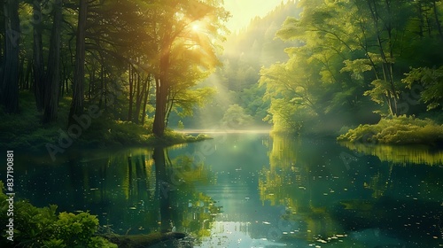 a serene lake nestled in a lush forest, surrounded by towering trees under the warm glow of the sun