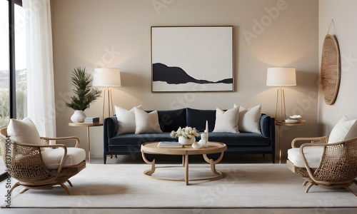 Cozy and stylish living room interior featuring a navy sofa, natural wood furniture, and tasteful neutral decor with ample lighting
