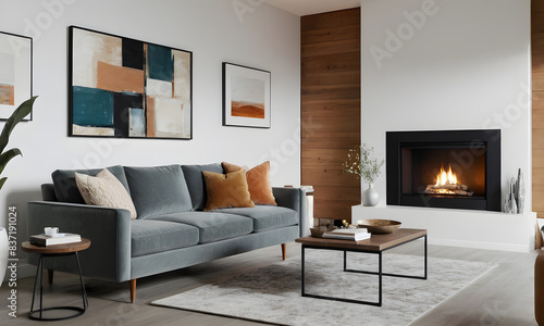 Chic living room with a welcoming fireplace, modern couch, and sophisticated wall decor in a neutral color scheme