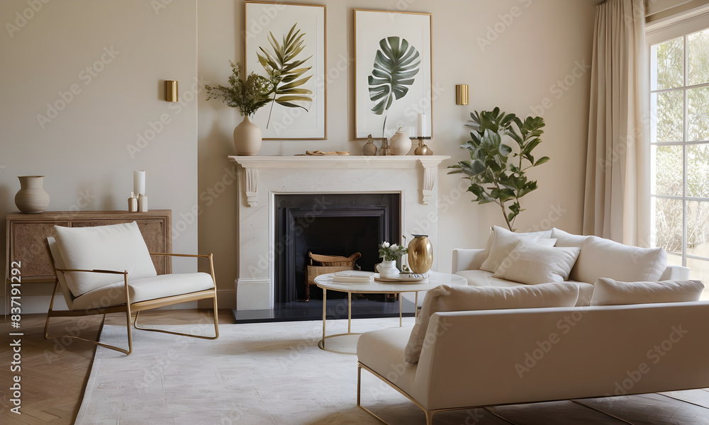 Fototapeta premium Chic, spacious living room featuring a minimalist sofa set, fireplace, and botanical artwork, bathed in soft, natural light